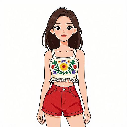 Digital anime-style drawing of a smiling young woman with long brown hair, wearing a floral crop top and red high-waisted shorts.