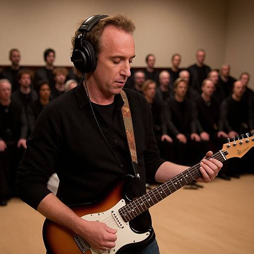 Photograph of a middle-aged man with light brown hair, wearing black headphones and a black shirt, playing a sunburst electric guitar in a dimly