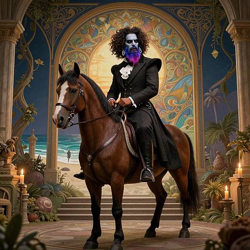 Photograph-style digital art of a mysterious, white-masked man with a blue beard, black suit, and curly hair, riding a dark brown horse