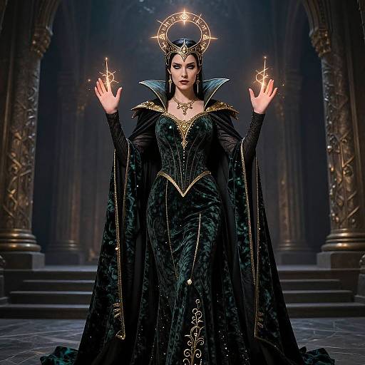 Digital artwork of a regal, dark-haired woman in a black, velvet, gothic gown with gold accents, holding glowing orbs, halo above her