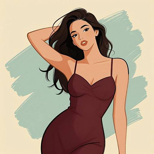 Confident Woman in Maroon Dress Sketch