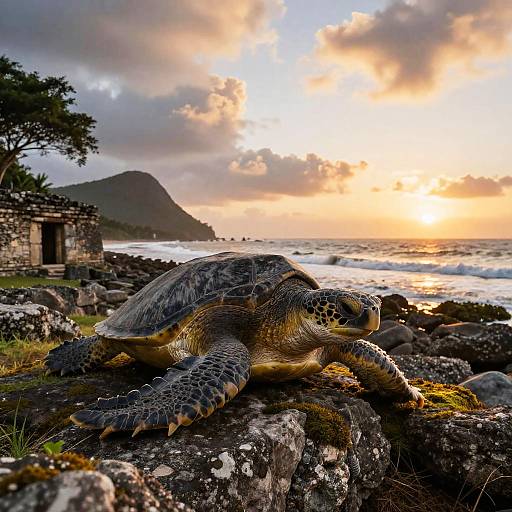Photograph of a large sea turtle resting on a rocky shore at sunset, with a stone building and mountains in the background. Orange and yellow clouds reflect