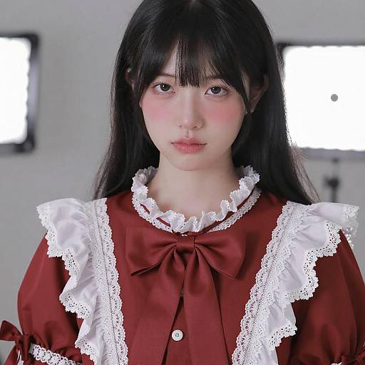 Asian Woman in Red Lace Dress