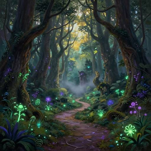 Magical forest path illuminated by glowing blue and purple mushrooms, surrounded by towering trees, mist, and sunlight filtering through. Digital fantasy artwork.