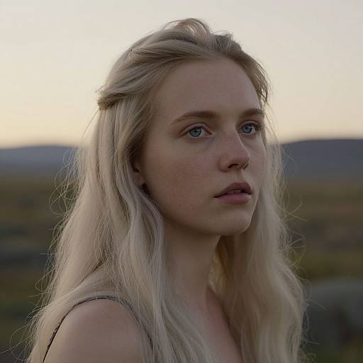 Photograph of a young blonde woman with long, wavy hair, fair skin, and blue eyes, looking pensively into the distance at sunset.