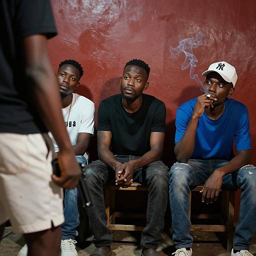 Three Men Sitting with Armed Man in Foreground