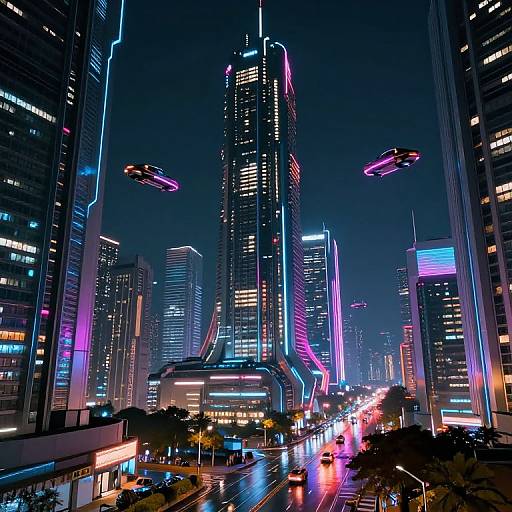 Neon-lit futuristic cityscape photograph at night, featuring towering skyscrapers with vibrant blue, pink, and purple lights, flying cars, and