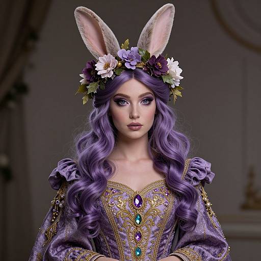 Digital artwork of a fair-skinned woman with long, wavy purple hair, wearing a flower crown with bunny ears, and an ornate, purple