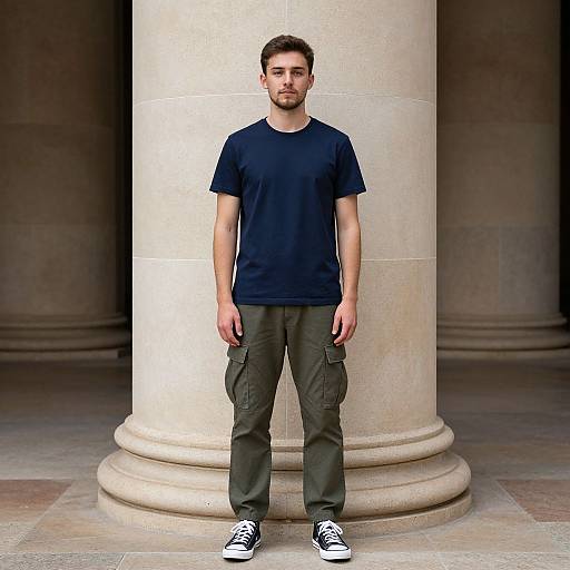 Photograph of a young man with short brown hair and beard, wearing a black t-shirt, olive cargo pants, and black sneakers, standing against a