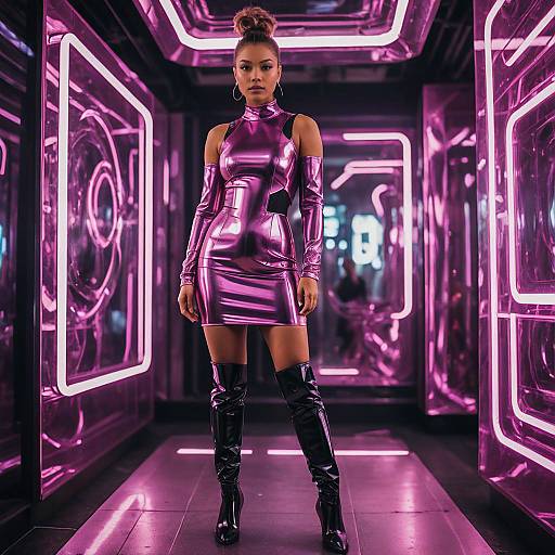 Woman in Futuristic Metallic Dress and Boots
