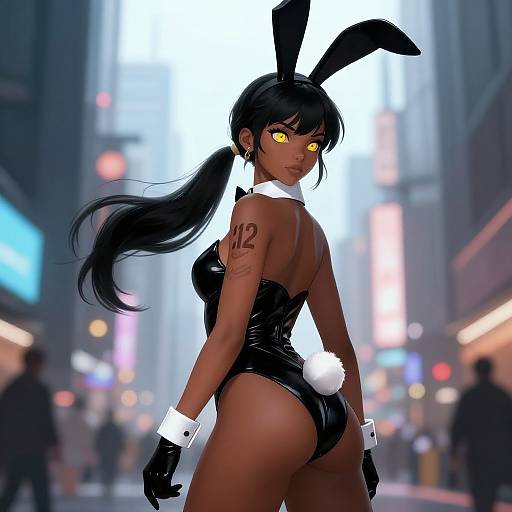 Digital anime-style artwork of a dark-skinned woman with yellow glowing eyes, black bunny suit, and 