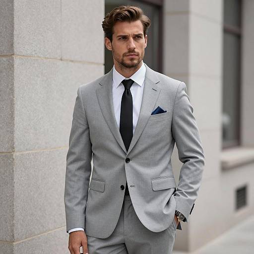 Man in Light Grey Suit Standing Against Stone Wall