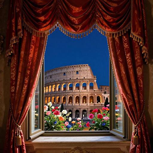 Photograph of Colosseum at twilight, framed by rich red, patterned curtains with gold tassels, and vibrant flower box below window