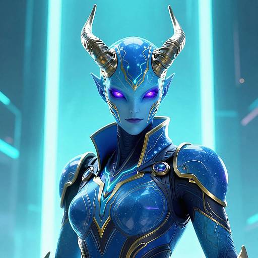 Digital art of a blue-skinned, horned demon woman with glowing purple eyes, wearing intricate, shiny blue and gold armor, set against a neon