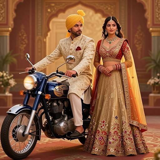 Regal Indian Couple on Motorcycle