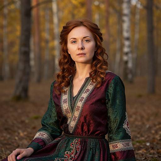 Photograph of a young woman with wavy auburn hair, wearing a dark green, embroidered medieval-style dress, sitting in a autumn forest with