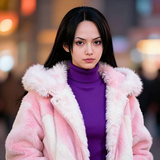 Photograph of a young Asian woman with long black hair, wearing a pink fluffy jacket with white fur trim and a purple turtleneck, standing in