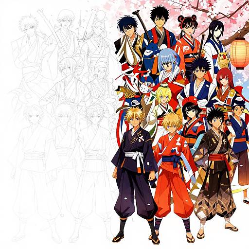 Colorful anime-style illustration of twelve samurai characters with varied hairstyles and clothing, standing in front of a cherry blossom tree.