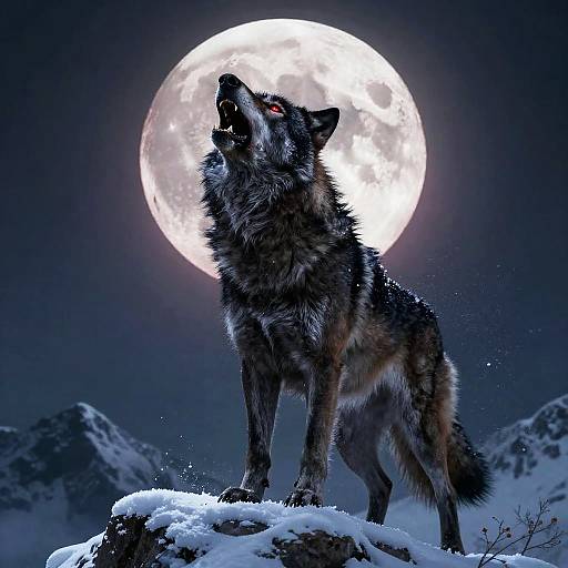 Photograph of a howling wolf with red eyes, standing on a snowy rock, against a bright full moon in a dark, mountainous night sky