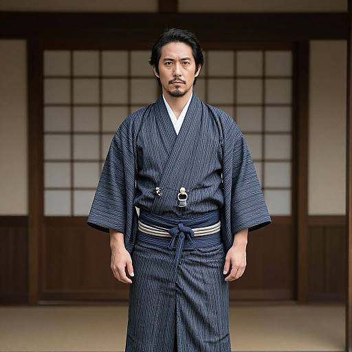 Photograph of a serious-looking East Asian man in a dark blue, pinstriped kimono with a white collar, standing in front of traditional