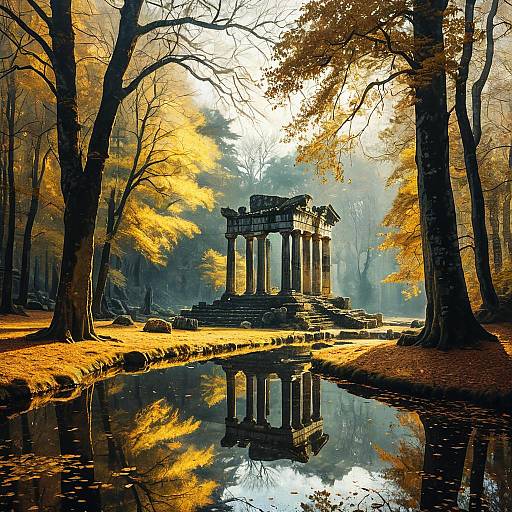 Ancient Ruins in Misty Autumn Forest