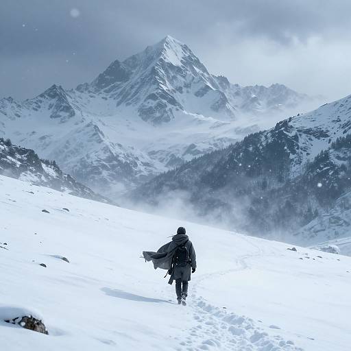 Lone Traveler in Snowy Mountains