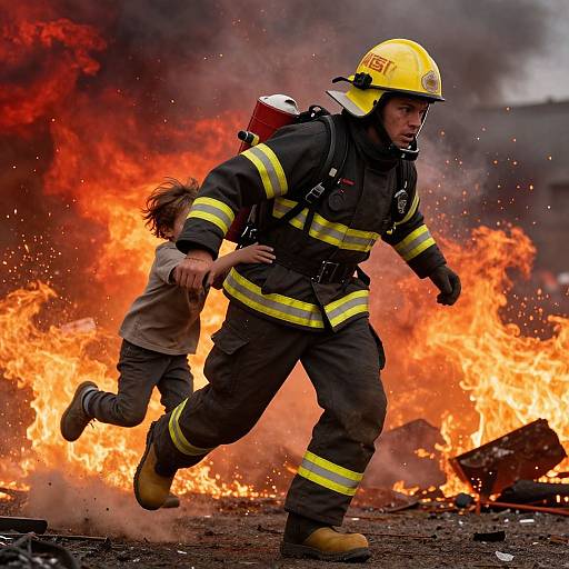 Photograph: Brave firefighter in yellow helmet and black gear runs with child in arms, escaping fiery inferno with bright orange flames and dark smoke in the