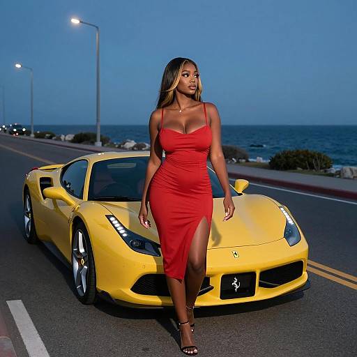 Woman in Red Dress by Yellow Sports Car at Coastal Road