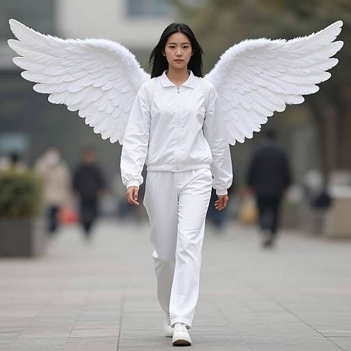 Photograph of an East Asian woman with long black hair, wearing a white angel costume with large, detailed white wings, walking confidently on a city sidewalk
