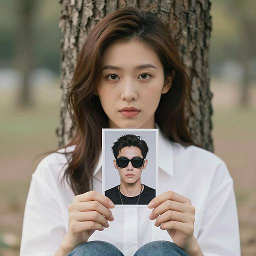 Woman Holding Photo of Man with Sunglasses