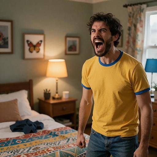 Intense Yelling Man in Cluttered Room