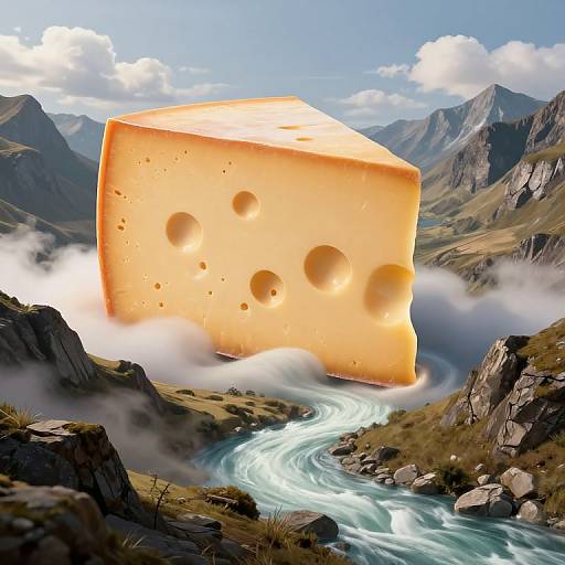 Photorealistic digital art: giant Swiss cheese hovering above a winding river in a mountainous valley, surrounded by clouds and blue sky.