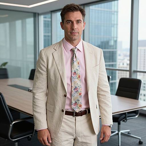Photograph of a handsome, middle-aged man with short brown hair, wearing a white suit, pink shirt, and colorful floral tie, standing in a