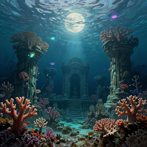Underwater photograph of an ancient, ruined temple surrounded by vibrant coral reefs, illuminated by moonlight filtering through the water.