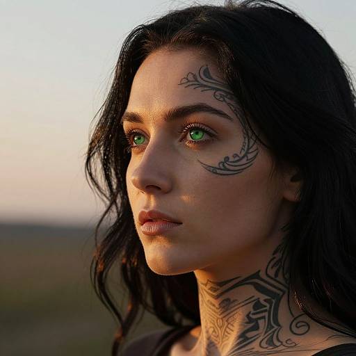 Photograph of a woman with green eyes, dark wavy hair, intricate black tattoos on her face and neck, illuminated by sunset light, gazing