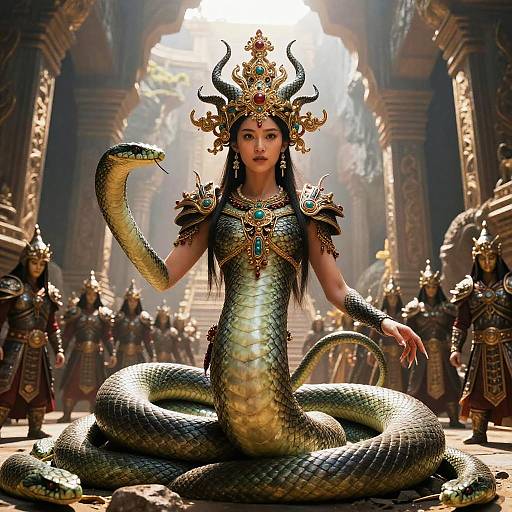 Digital artwork of a serpent-woman with golden scales, intricate crown, and jewelry, surrounded by armored guards in a sunlit, ancient temple.