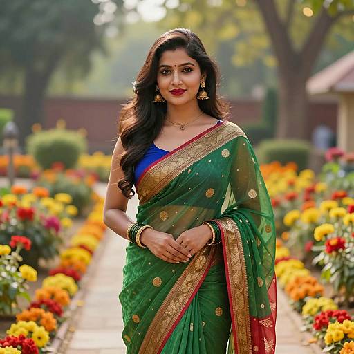 Indian Woman in Traditional Saree in Flower Garden