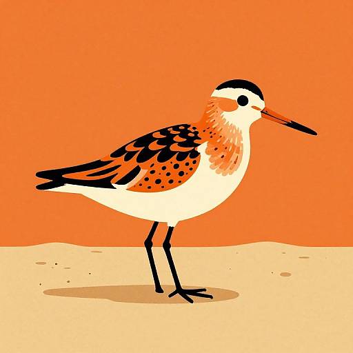 Digital illustration of a colorful shorebird with orange, black, and white plumage, black beak, and legs, standing on beige sand against a