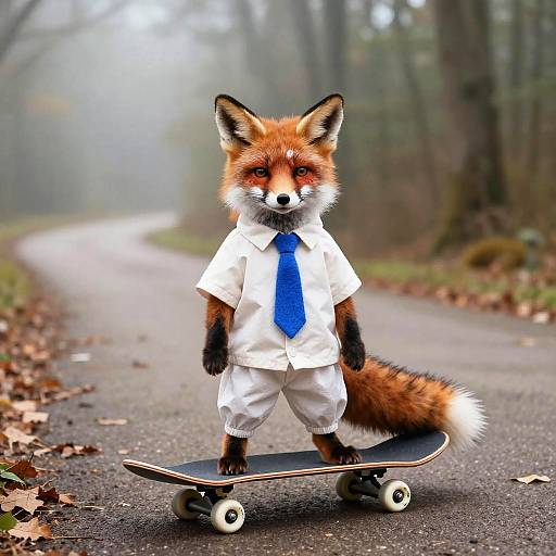 Clothed Red Fox Skateboarding in Woodland