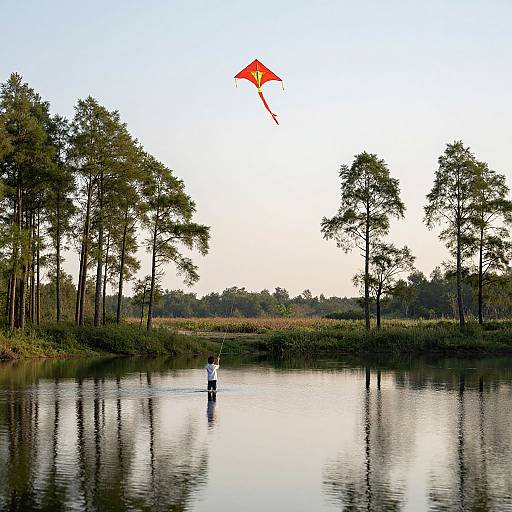 Child Flying Red Kite Over Lake
