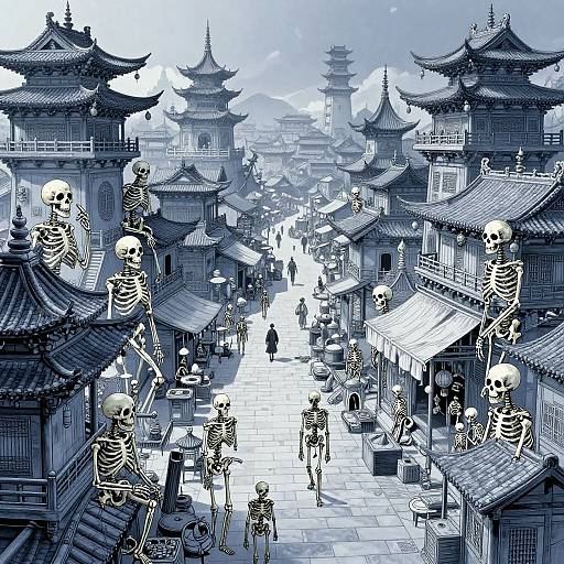 Digital artwork: Monochromatic blue street scene with skeletal figures on traditional Chinese buildings, people walking, and a distant pagoda. Skeletons atop roofs