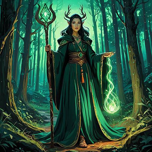 Forest Sorceress with Glowing Staff in Enchanted Woodland