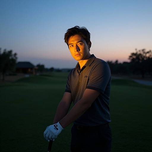 Photograph of an Asian man in a dark polo shirt and white gloves, standing on a golf course at dusk, illuminated by warm sunset light, with