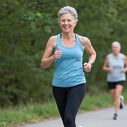 Photograph of a smiling, short-haired, middle-aged woman in a blue tank top and black pants jogging on a forest path, with a blurred runner