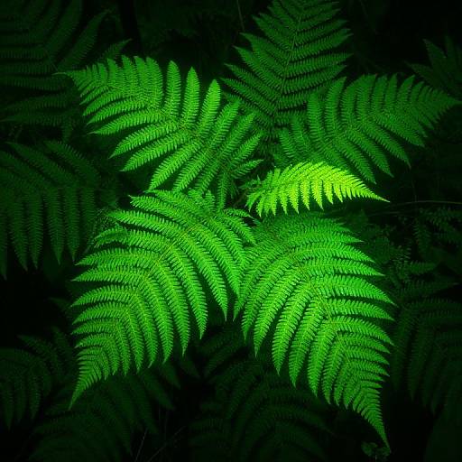 Photograph of vivid green fern leaves illuminated against a dark background, showcasing intricate feather-like patterns and vibrant glow.