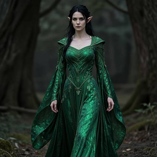 Photorealistic digital artwork of an elf woman with pointed ears, long black hair, and green, intricately embroidered dress, walking through a dark,