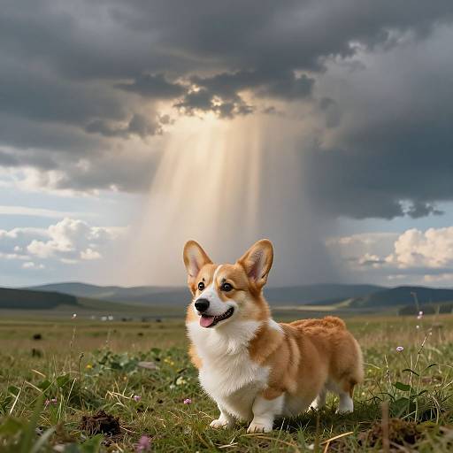 Photograph of a happy, tan and white Corgi with large ears, standing in a grassy field under dramatic, sunlit clouds.