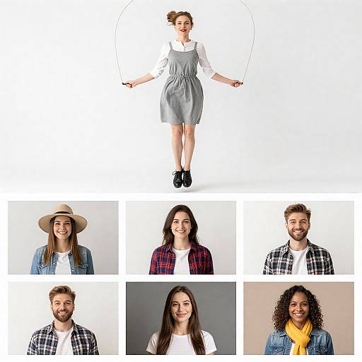 Joyful Woman Jumping Rope in Grey Dress