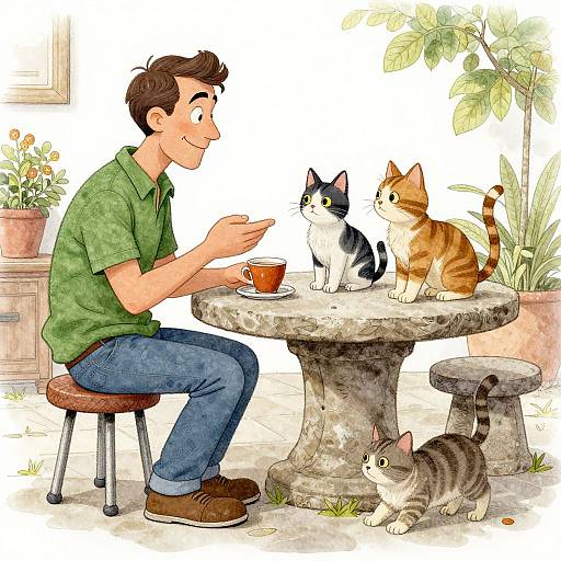 Cartoon Man Talking to Cats
