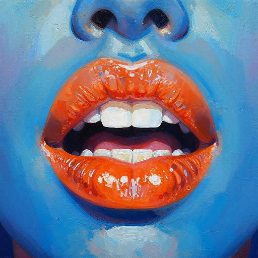 Close-up photograph of a face with vibrant blue skin and striking orange glossy lips, revealing white teeth, with a slight smile.